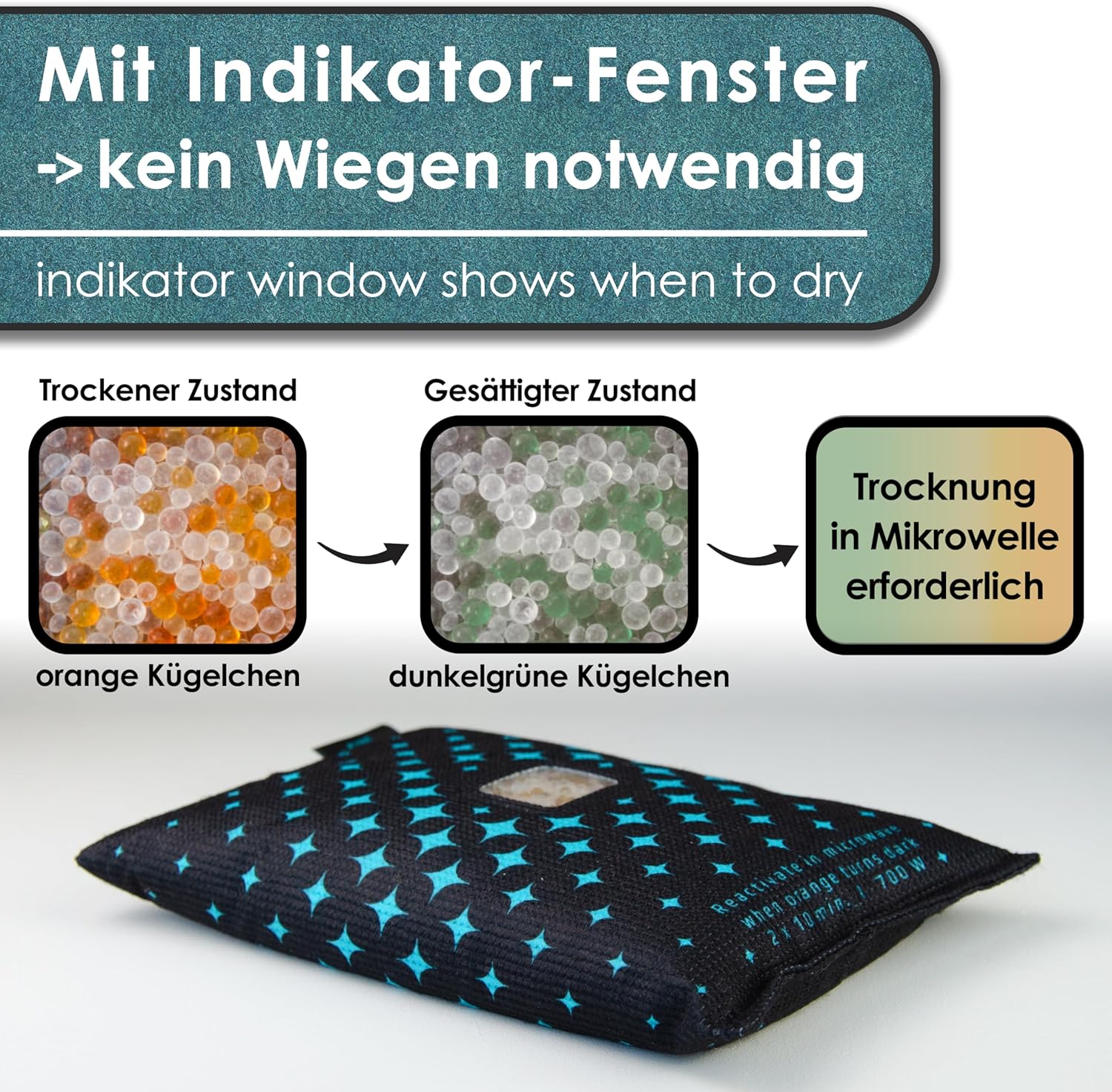 Luftentfeuchter-Kissen mit Indikator-Fenster 750g für beschlagene Autoscheiben inkl. Anti-Rutsch Pad